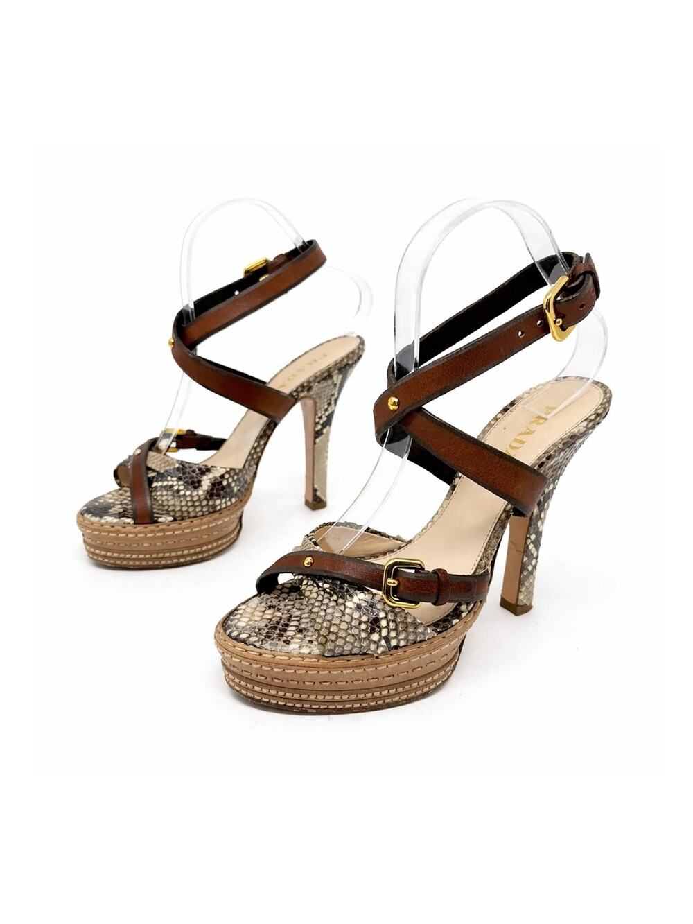 Prada Snakeskin Platform Strappy High Heels Womens Size EU 37.5